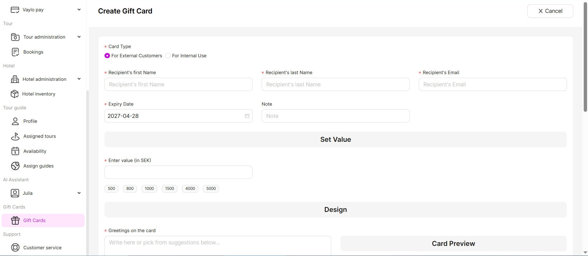 Create gift card for an external customer