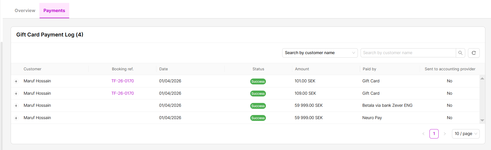 Gift card payment log in the Payments tab