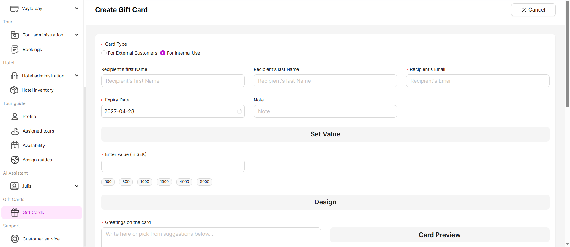 Create gift card for internal use