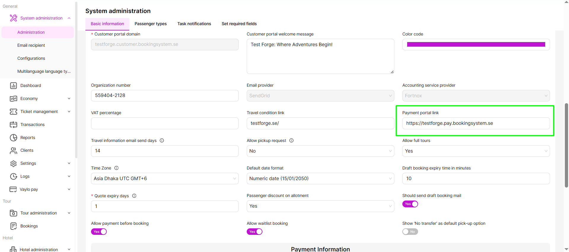 Payment portal link configuration