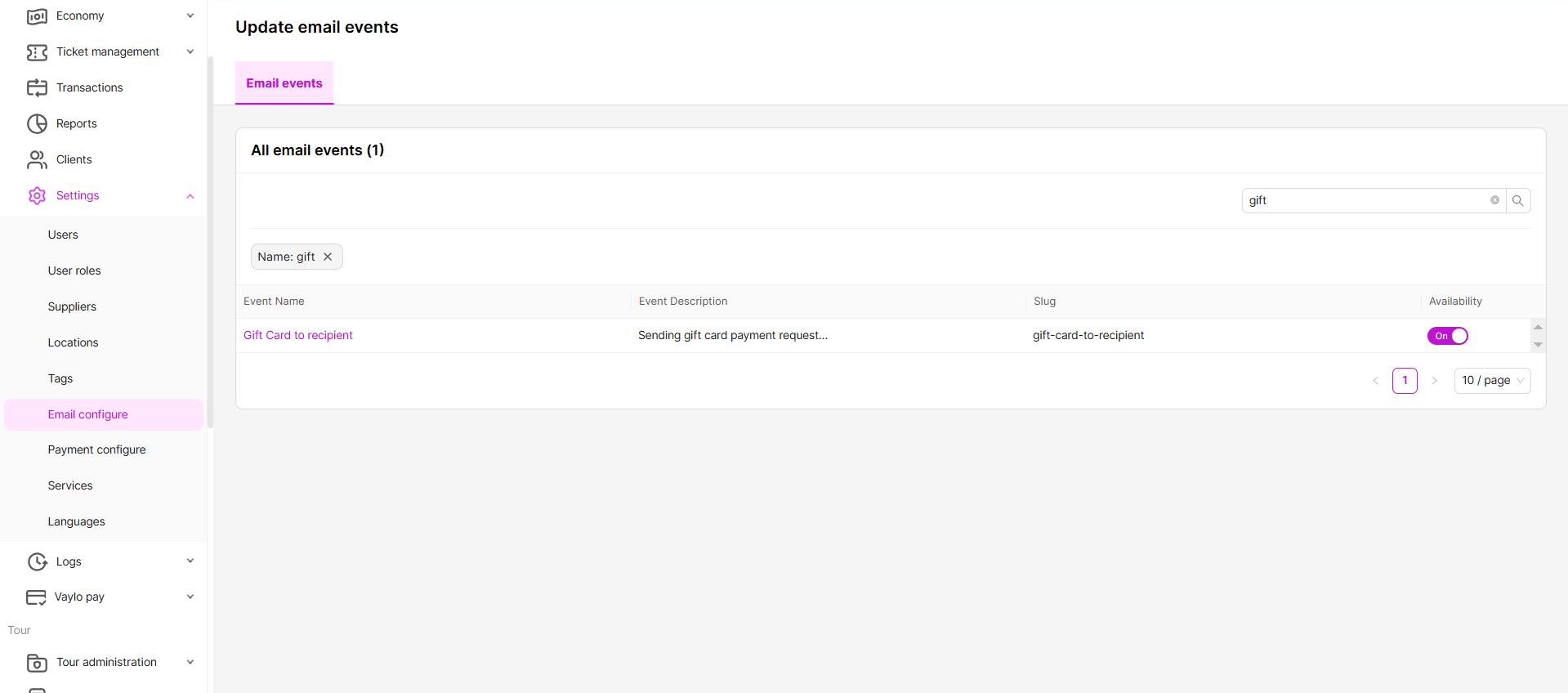 Gift card email event configuration