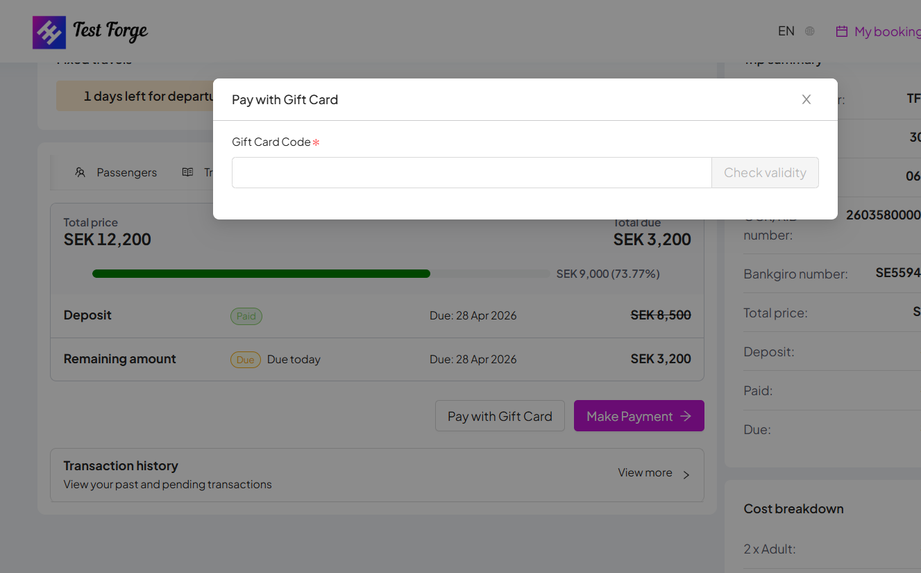 Pay with gift card in the Passenger Portal