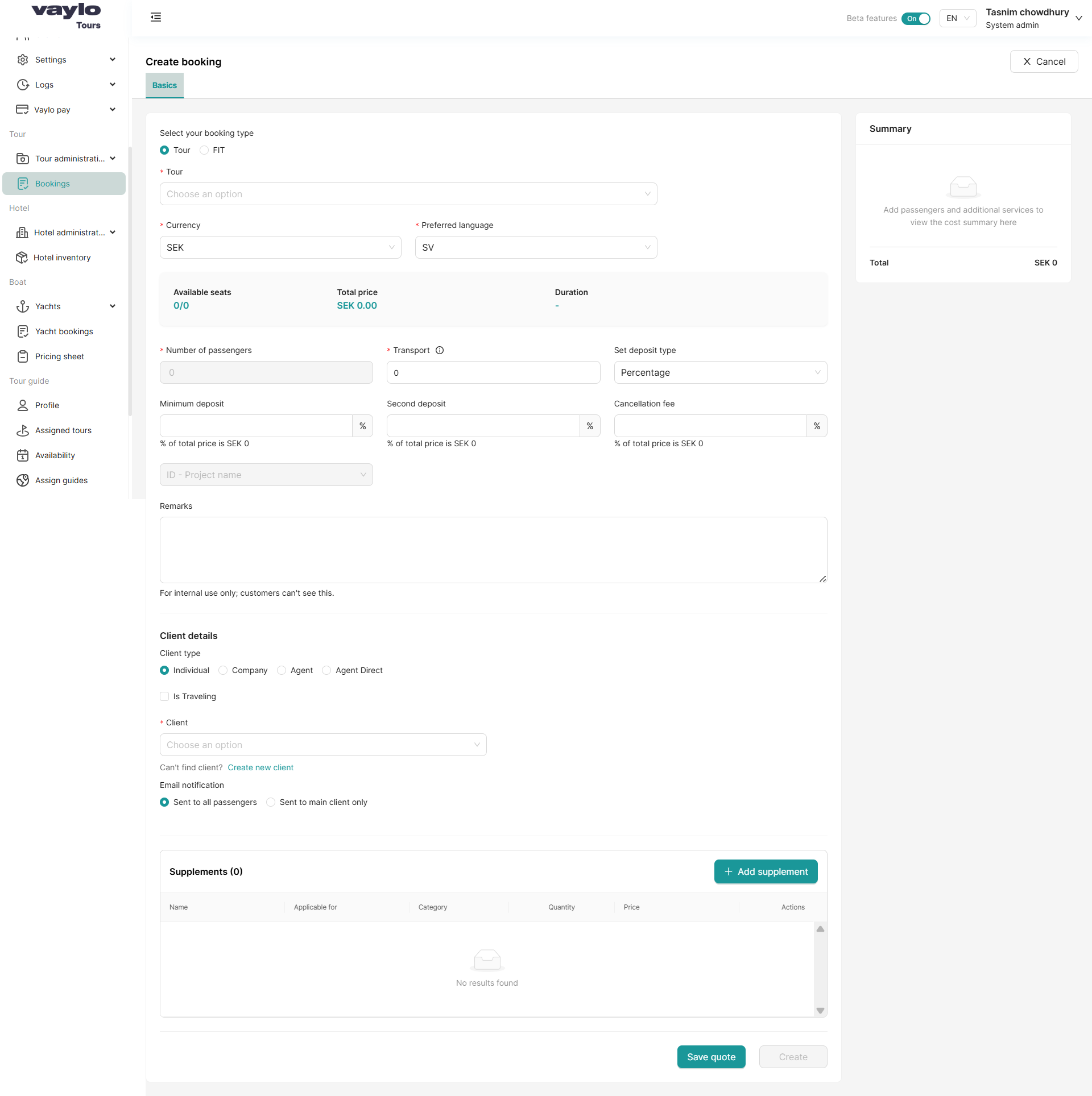 Create booking form