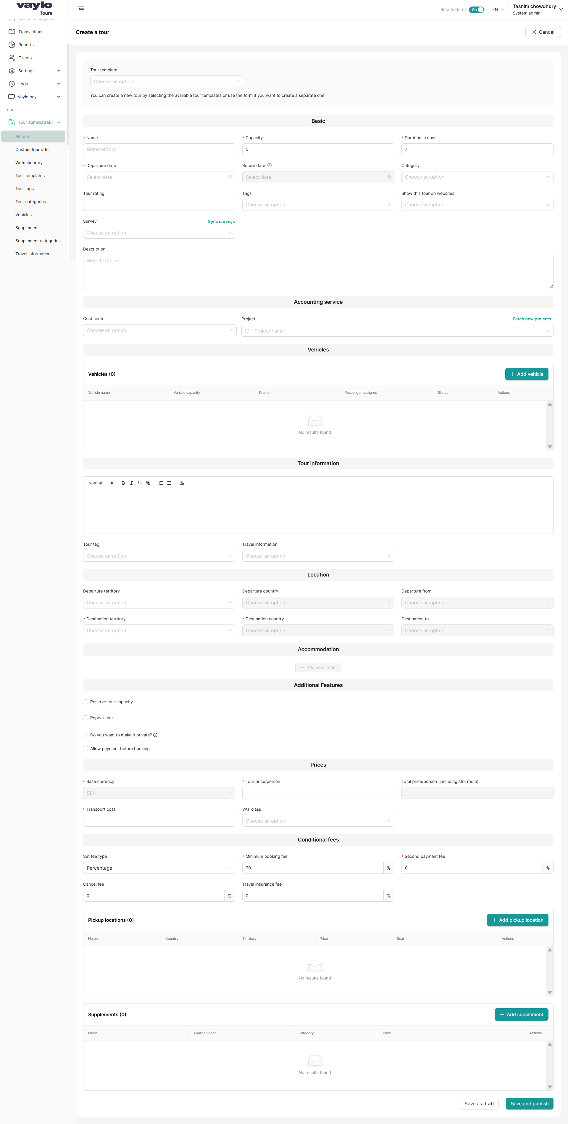Create a tour form overview