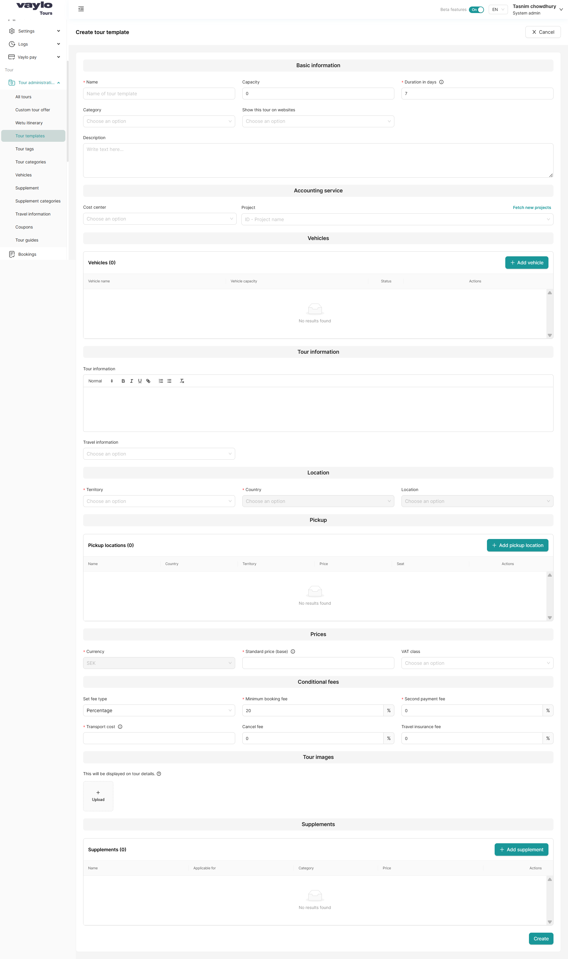 Create Tour Template form