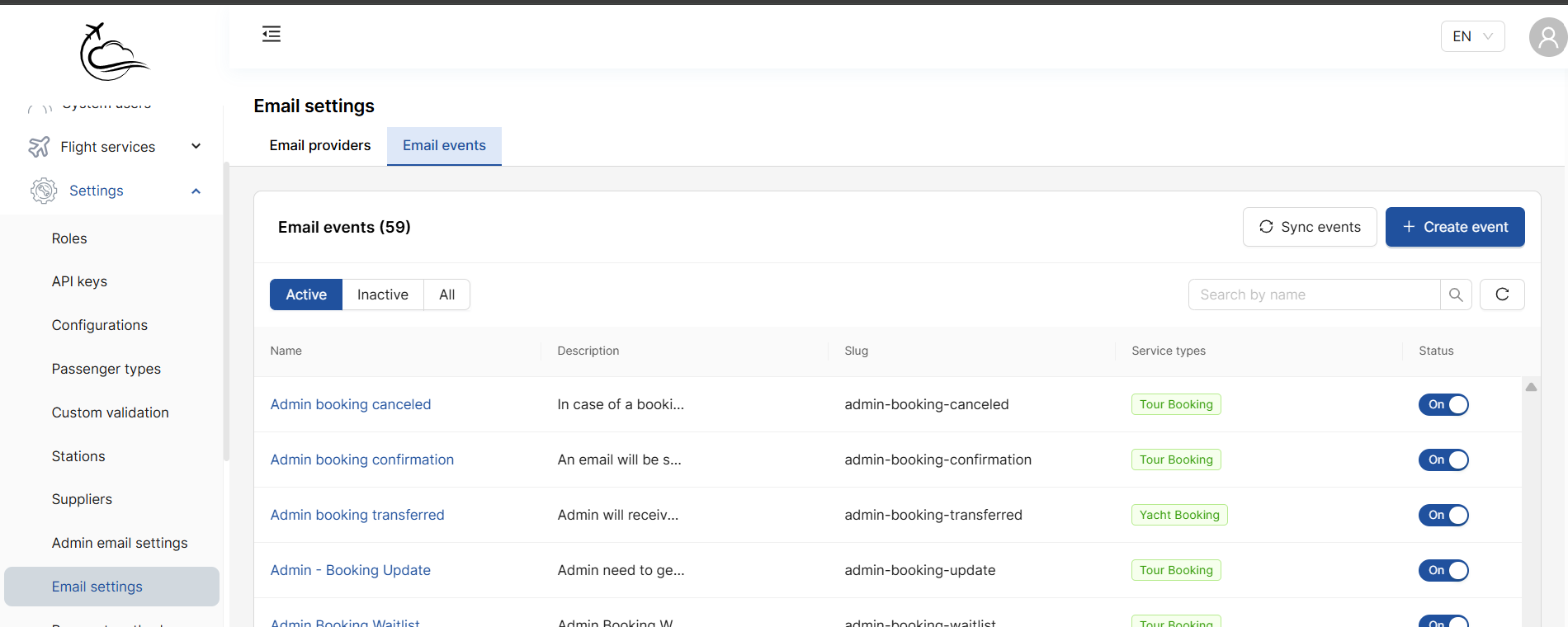 Email events list in Central Admin