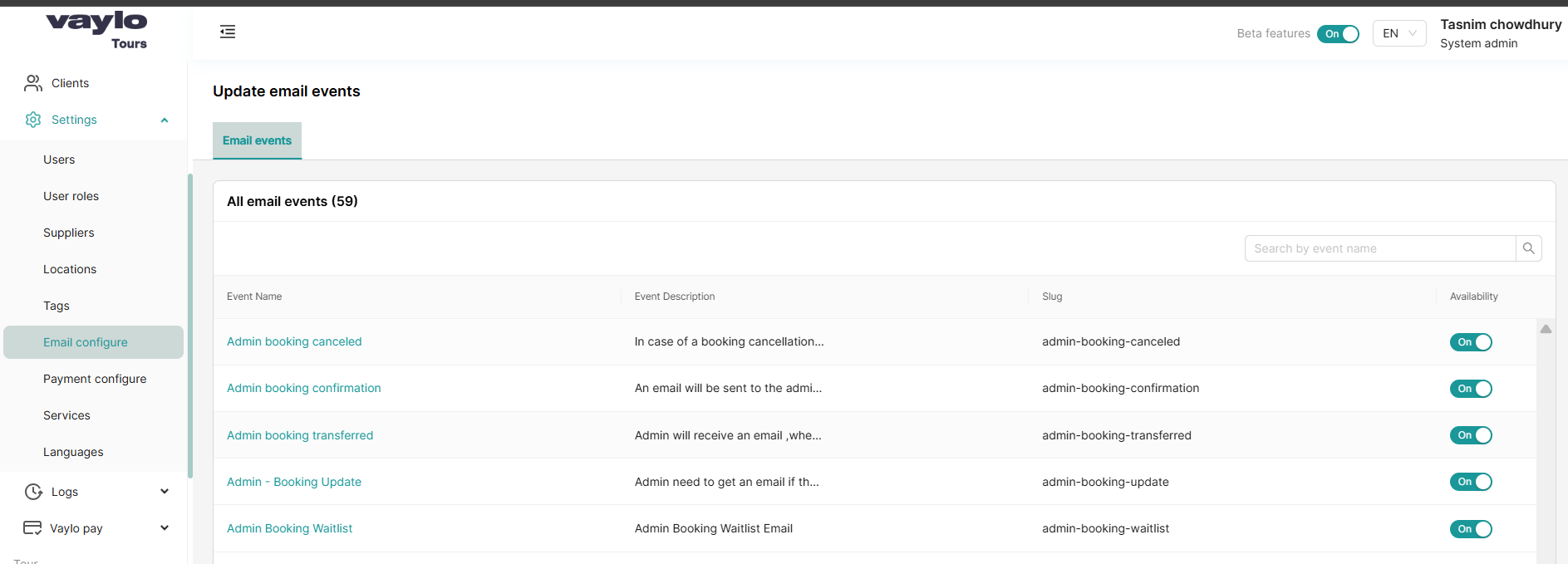 Update email events in Vaylo Tours admin