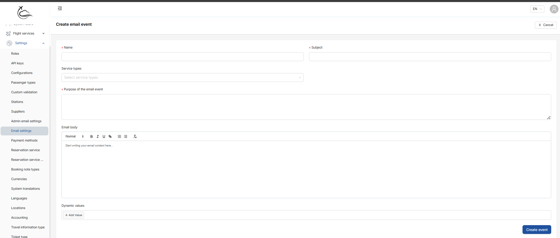 Create email event form