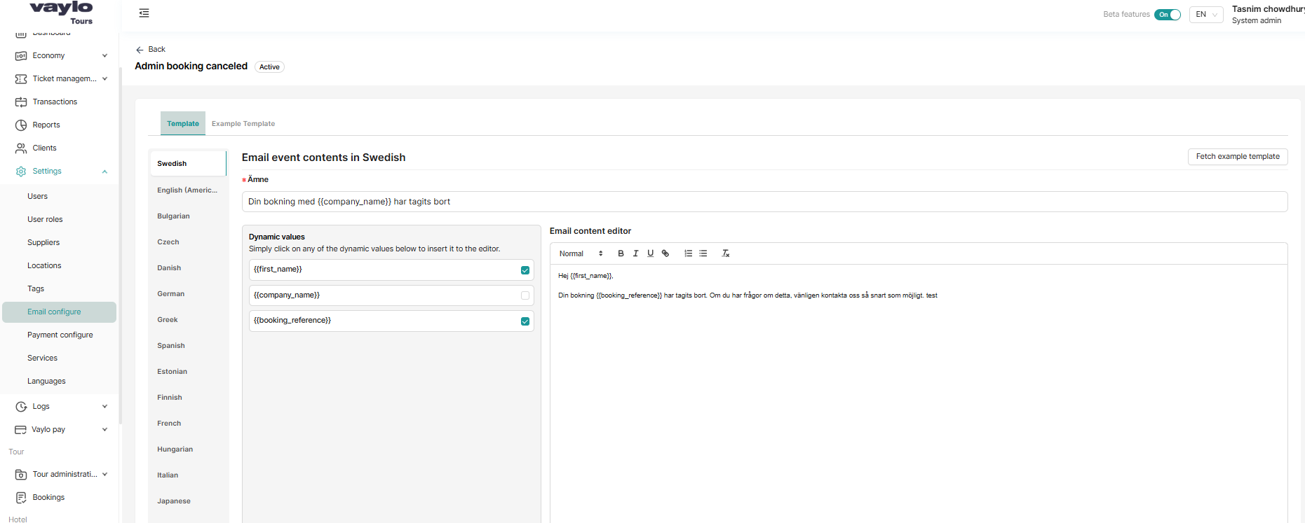 Email event template editor