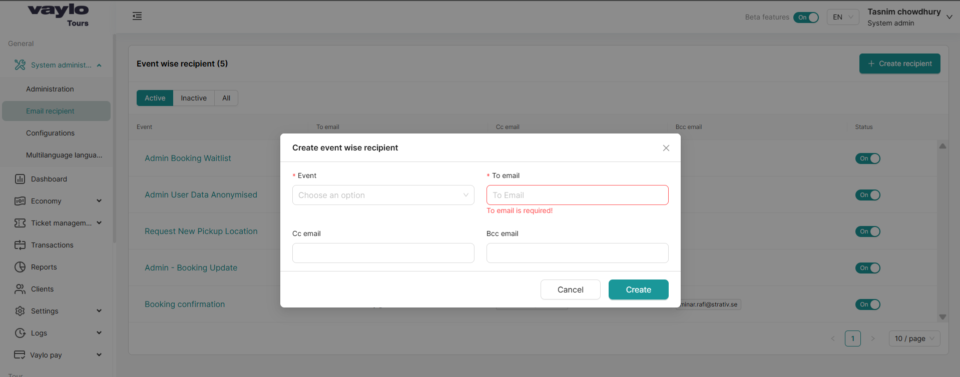 Create event wise recipient popup