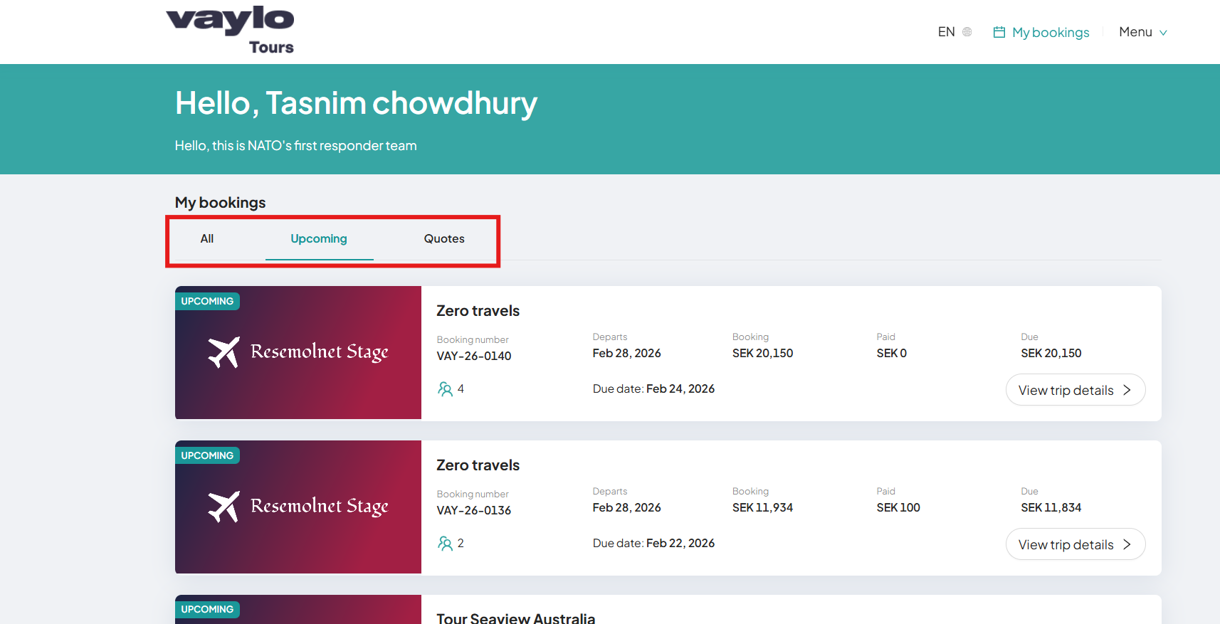 My Booking Page with Filters