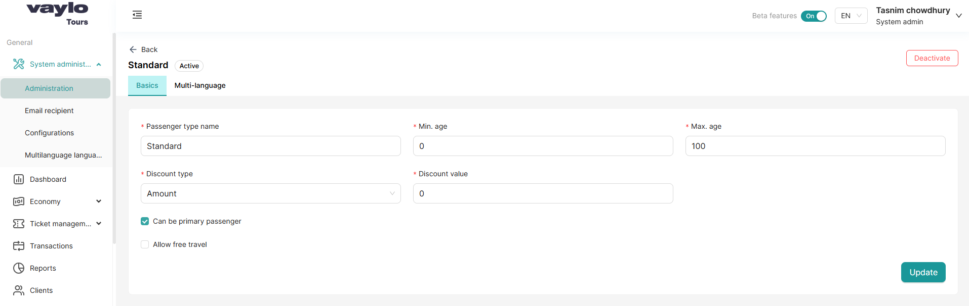 Edit passenger type form