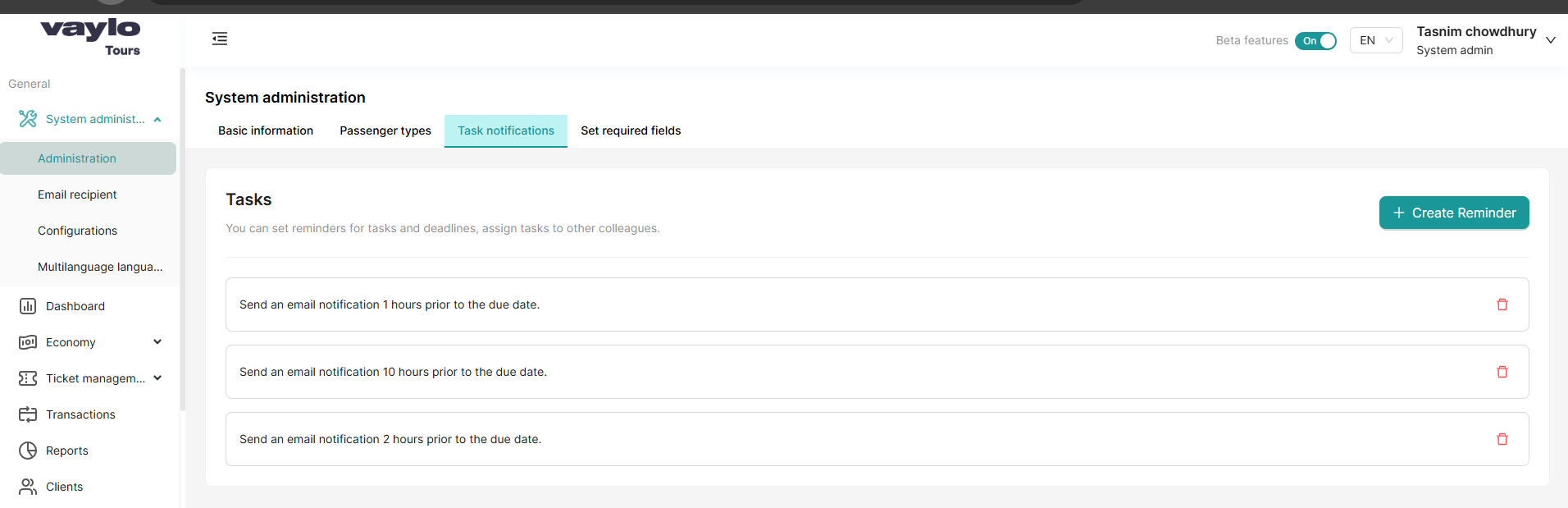 Task Notifications page