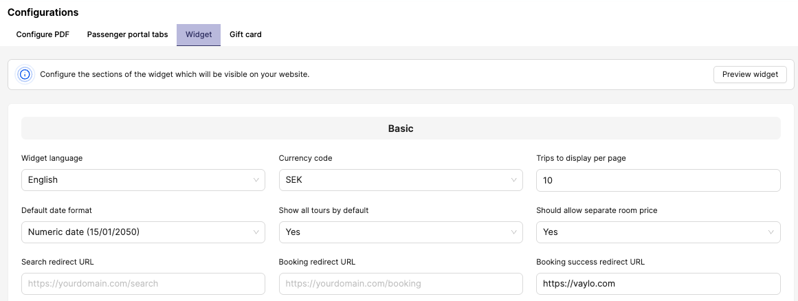 Configurations → Widget tab with the "Should allow separate room price" dropdown set to Yes
