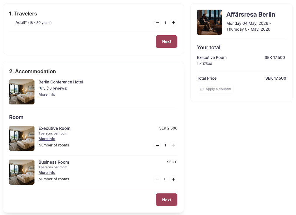 Booking widget summary in combined mode — a single line in Your total