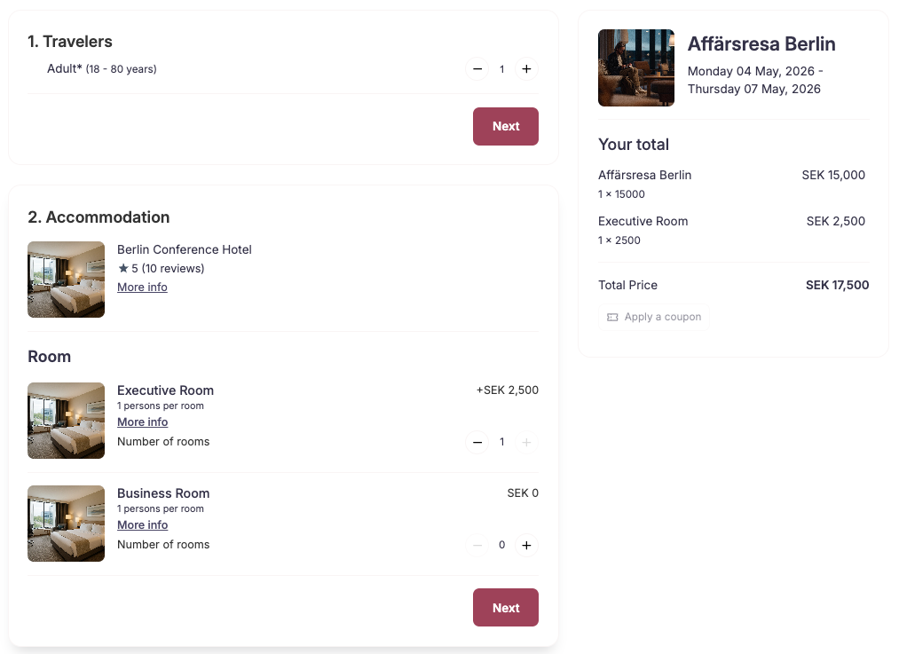 Booking widget summary in separate-lines mode — tour and room shown as two lines